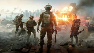 Battlefield 6 promotional art showing a group of soldiers surveying a war-torn city from afar.