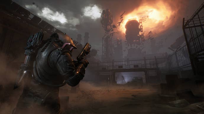 Official Cronos: The New Dawn screenshot showing you approaching a distant tower with glowing orange cloud in the sky