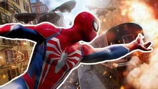 A cut-out of Spider-Man in Marvel's Spider-Man 2 flinging a web with his arm outstretched, superimposed over an exploding in-game subway train.