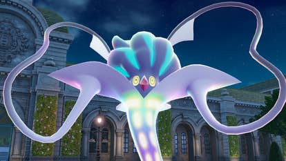 Close up of Mega Malamar pokemon, squid-like and rainbow coloured