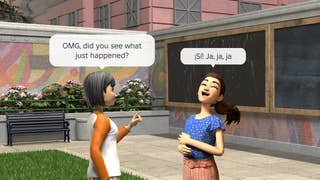 Roblox screenshot showing two cartoon characters with text boxes in different languages