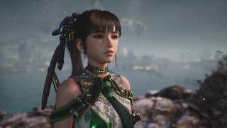 Close up of Eve, Stellar Blade protagonist, in green and white outfit with long hair