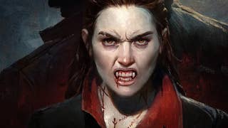 A close-up of a feminine vampire face, teeth bared, blood dripping from fangs, brow furrowed. I'd run.